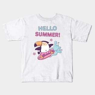 Hello Summer, Cute Toucan Surfing The Waves Kids T-Shirt